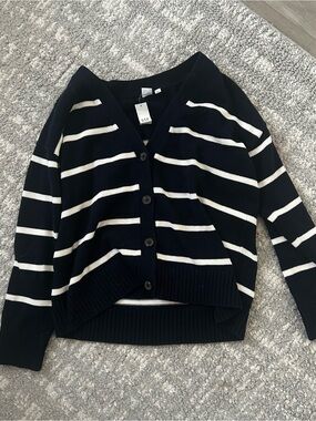 GAP Navy and White Striped V-Neck Cardigan Sweater